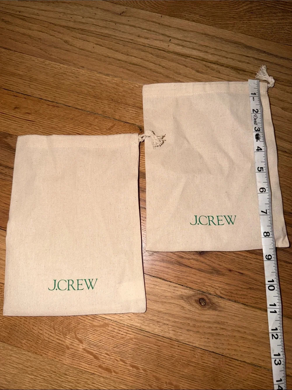J. Crew Cream Canvas Drawstring Pouches with Green Logo (Set of 2) NEW